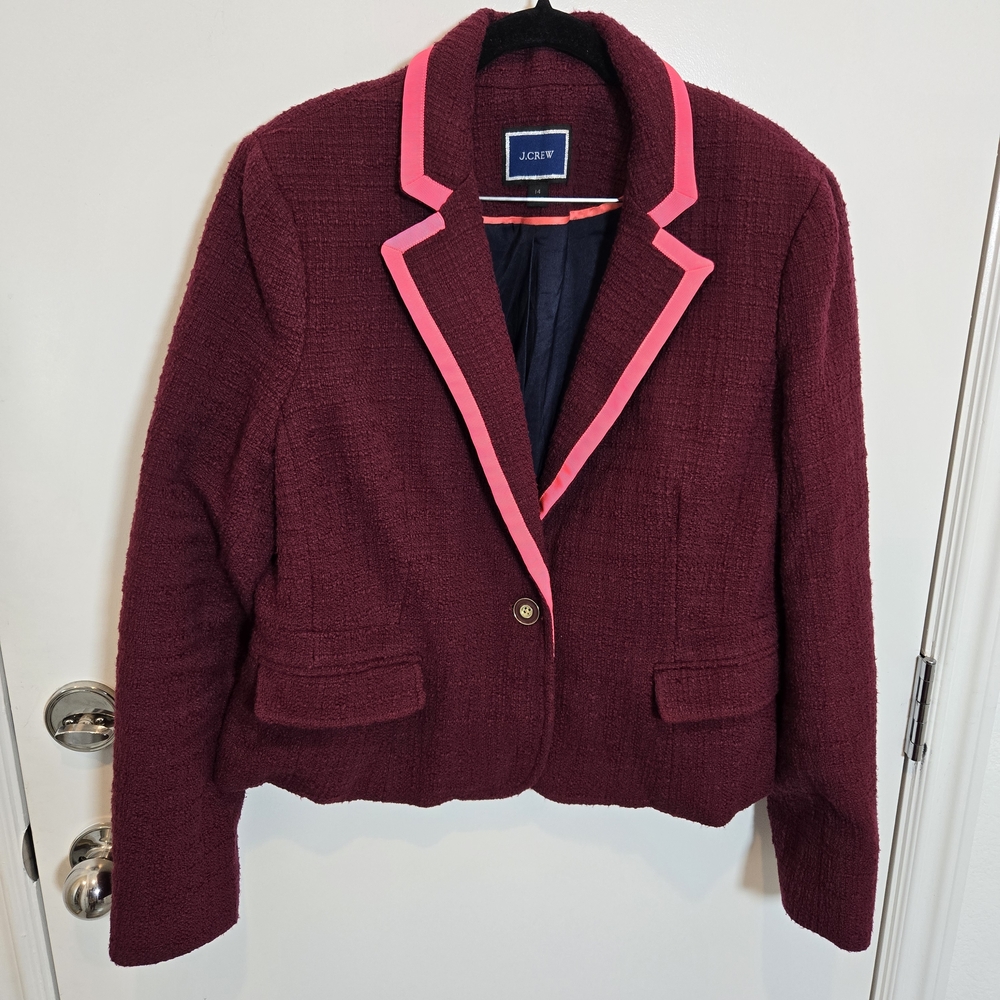 J. Crew Maroon Tweed Blazer with Pink Trim